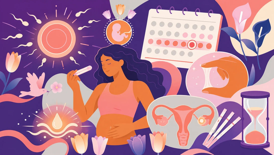 Illustrated woman surrounded by real ovulation and fertile-window symbols: cervical mucus droplet, calendar tracking, uterus diagram, test strips and an hourglass